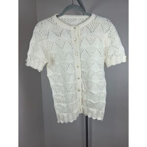 Vintage Crocheted Off White Cardigan Sweater 80s 70s Boho Hippie